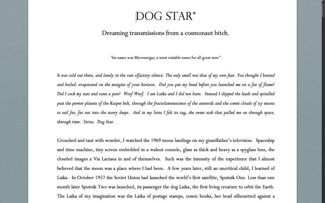 Screen Shot of Dog Star* - Dreaming transmissions of a cosmonaut bitch. Emma Bolland 2015